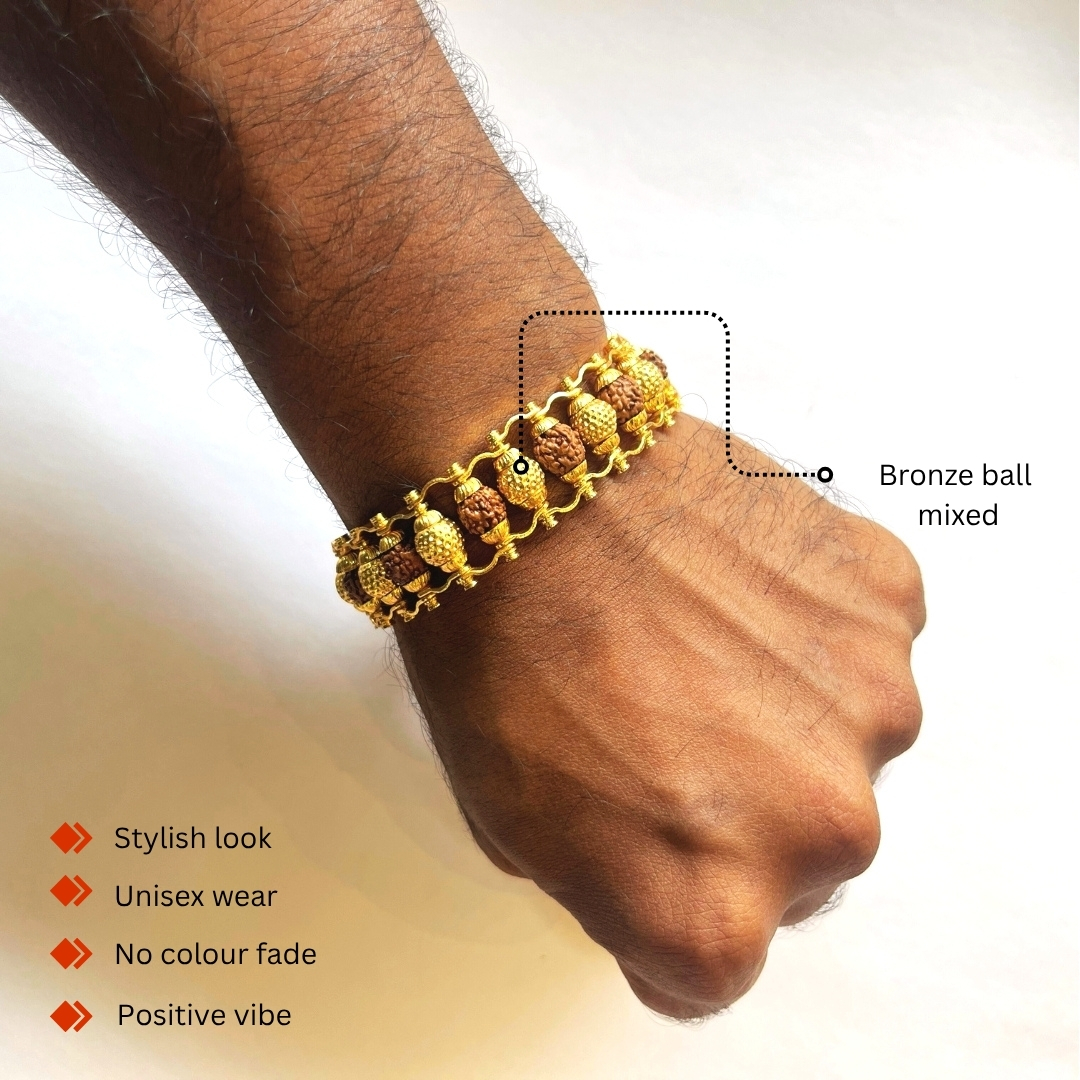 Hand wearing Fancy Bronze Rudraksham Bracelet with original Rudraksha beads and bronze ball design, premium spiritual wristwear for men.